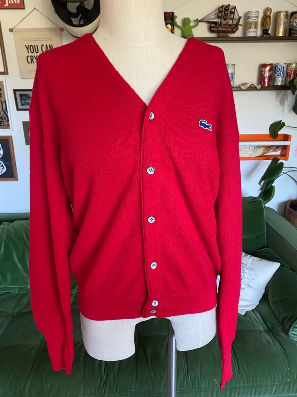 Cherry Red Izod Vintage 70s Lacoste Men’s Grandpa Sweater Size XL